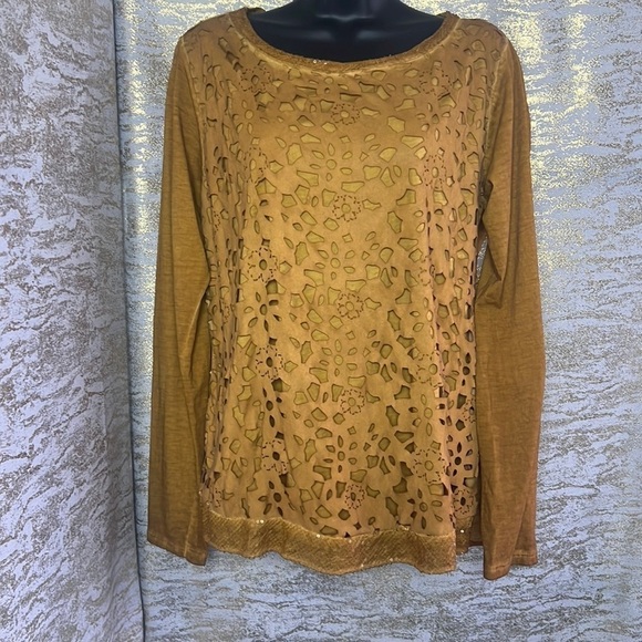 Unique Marigold Color Lace Eyelet Sequin’s Long Sleeve Blouse - Picture 3 of 13
